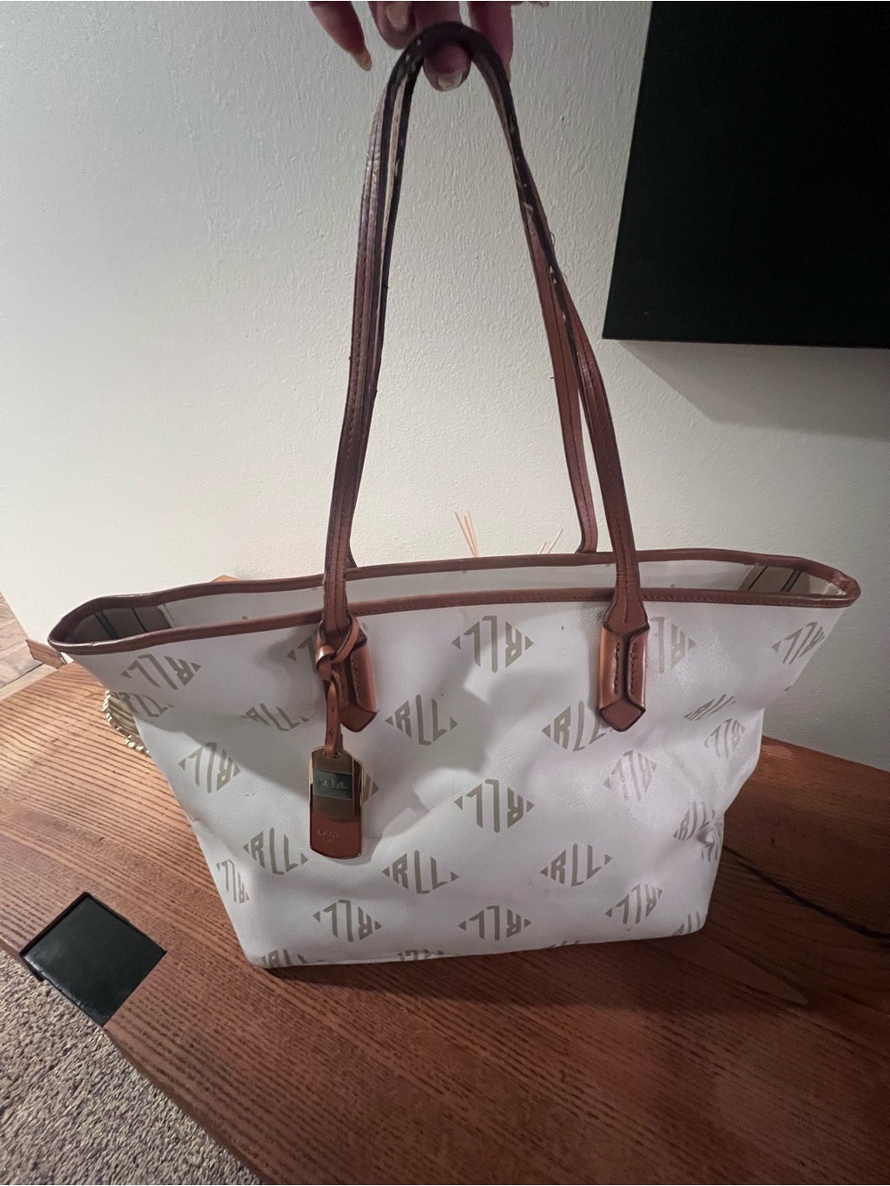 Ralph Lauren White & Tan Canvas Logo Tote Bag